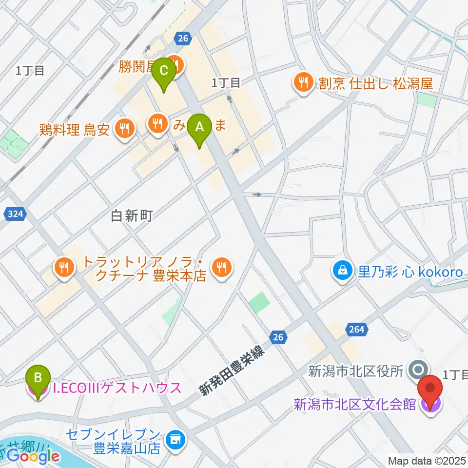 新潟市北区文化会館周辺のホテル一覧地図