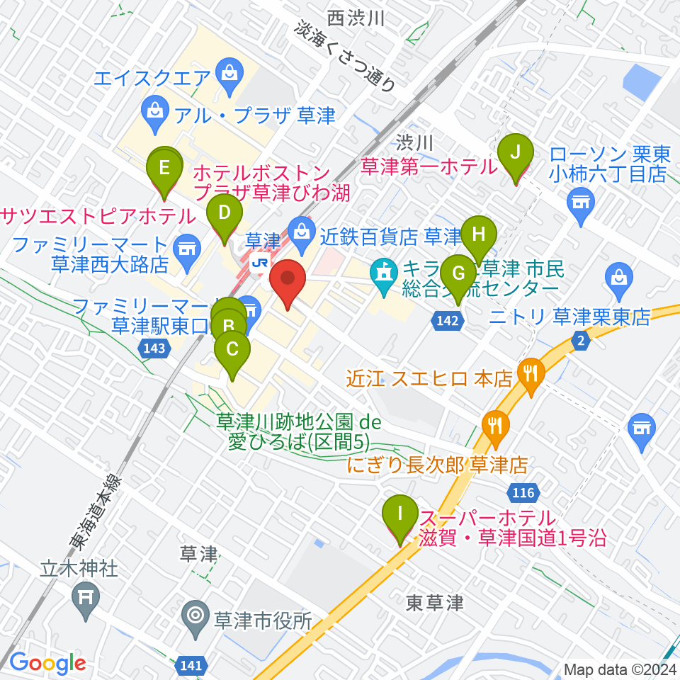 JEUGIAカルチャーセンター くさつ平和堂周辺のホテル一覧地図