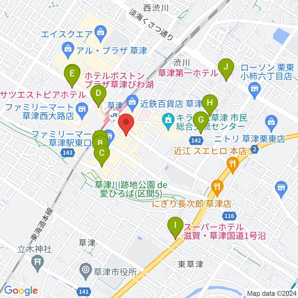 JEUGIAカルチャーセンター くさつ平和堂周辺のホテル一覧地図