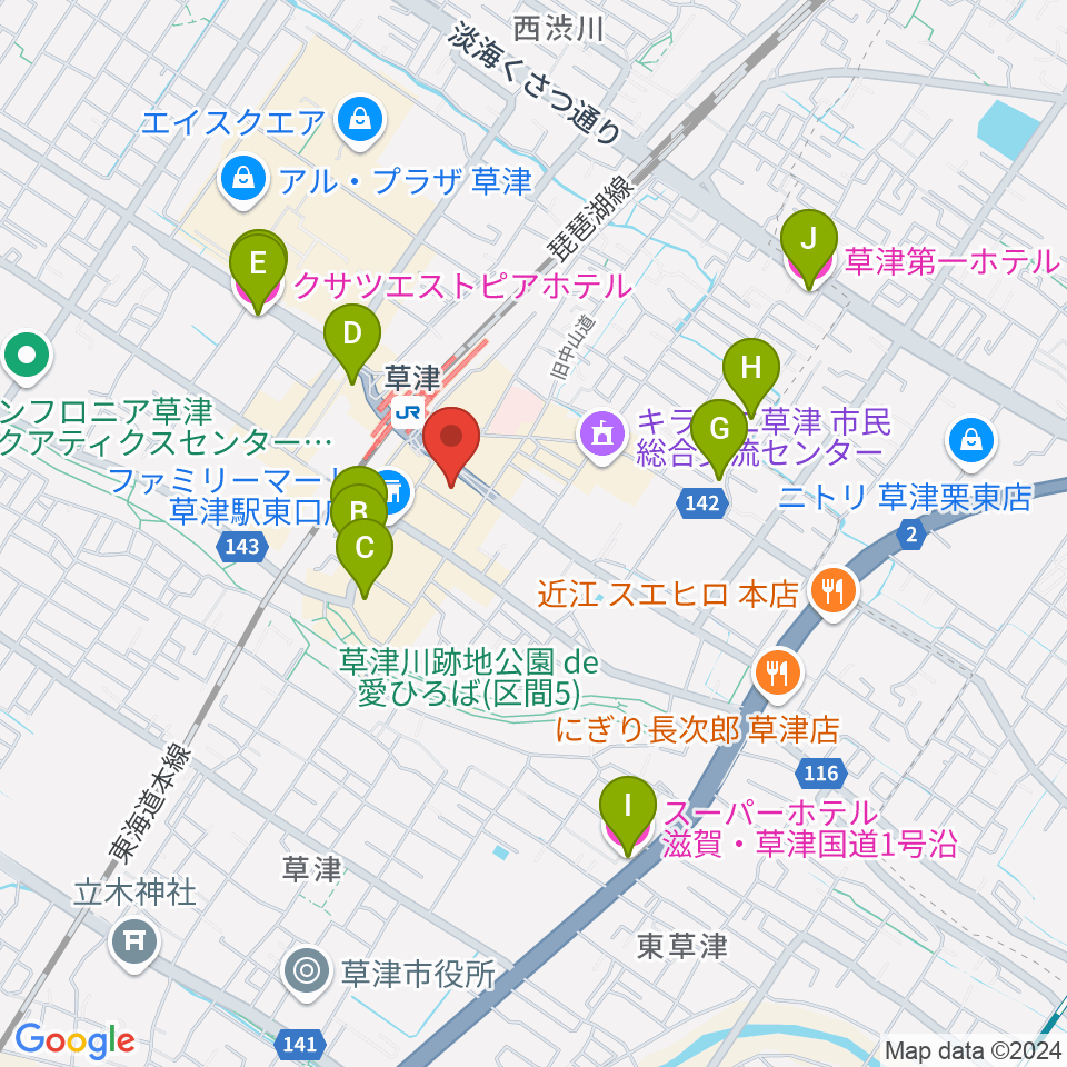 JEUGIAカルチャーセンター くさつ平和堂周辺のホテル一覧地図