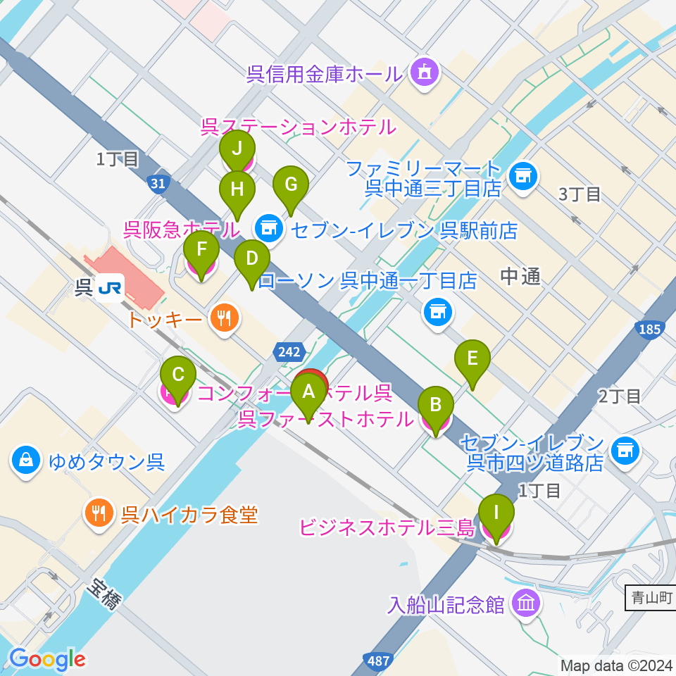 ビューポートくれ周辺のホテル一覧地図