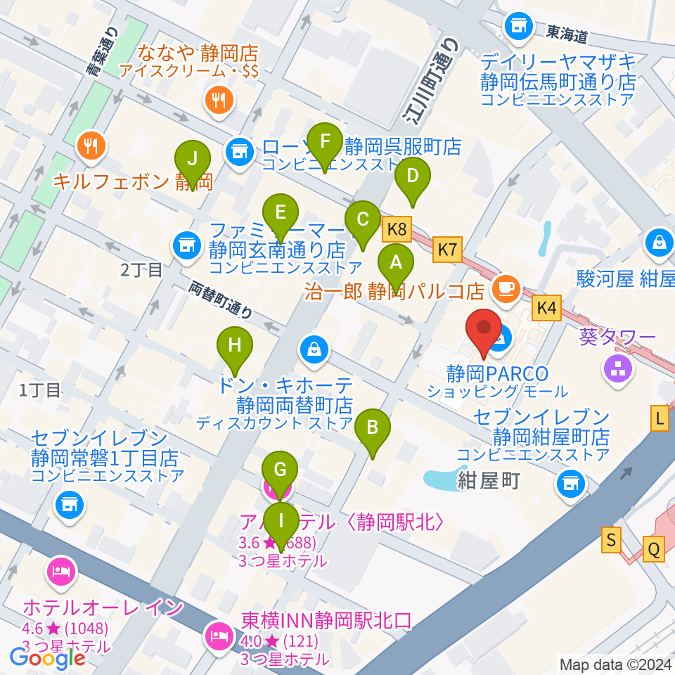 タワーレコード静岡店周辺のホテル一覧地図