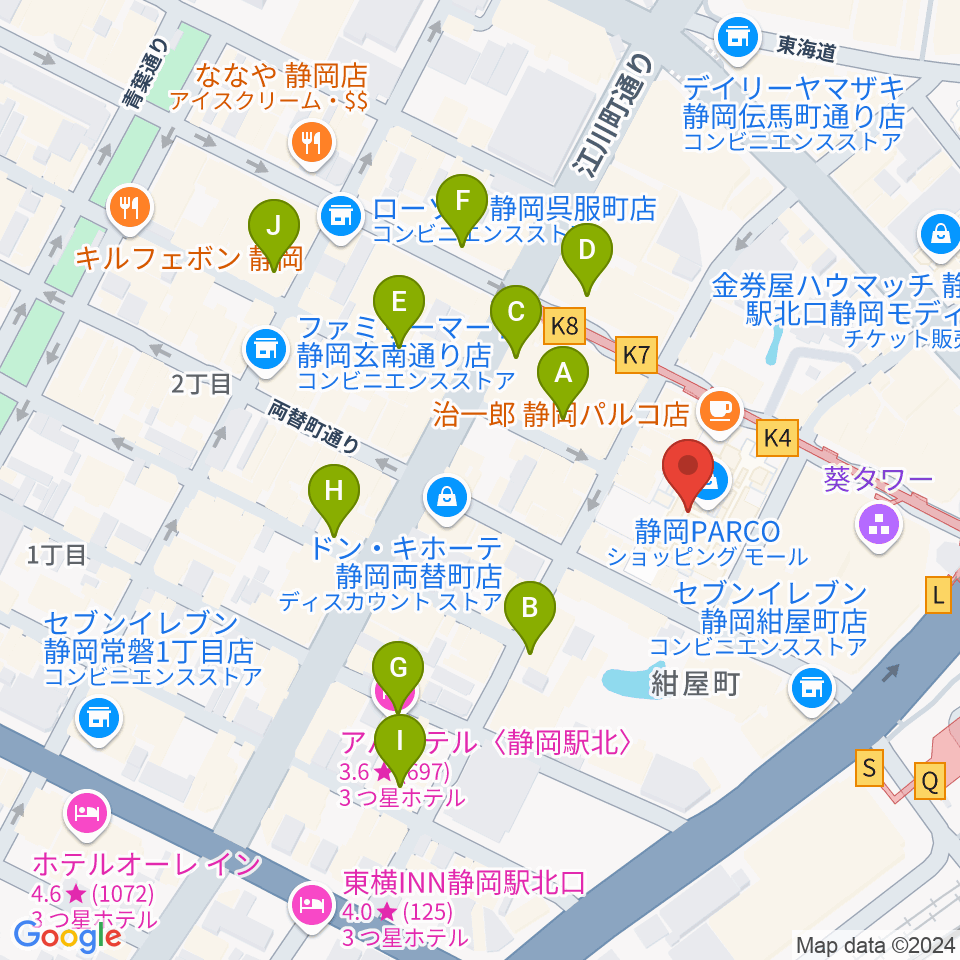 タワーレコード静岡店周辺のホテル一覧地図