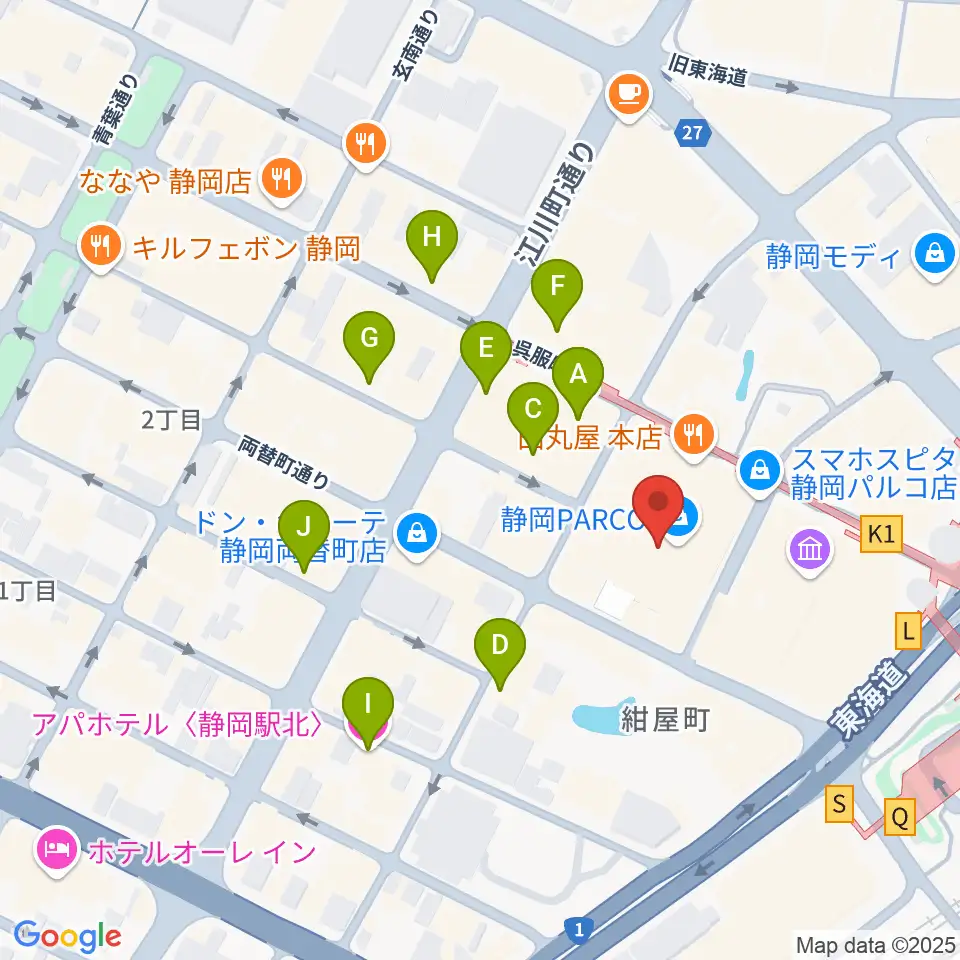 タワーレコード静岡店周辺のホテル一覧地図