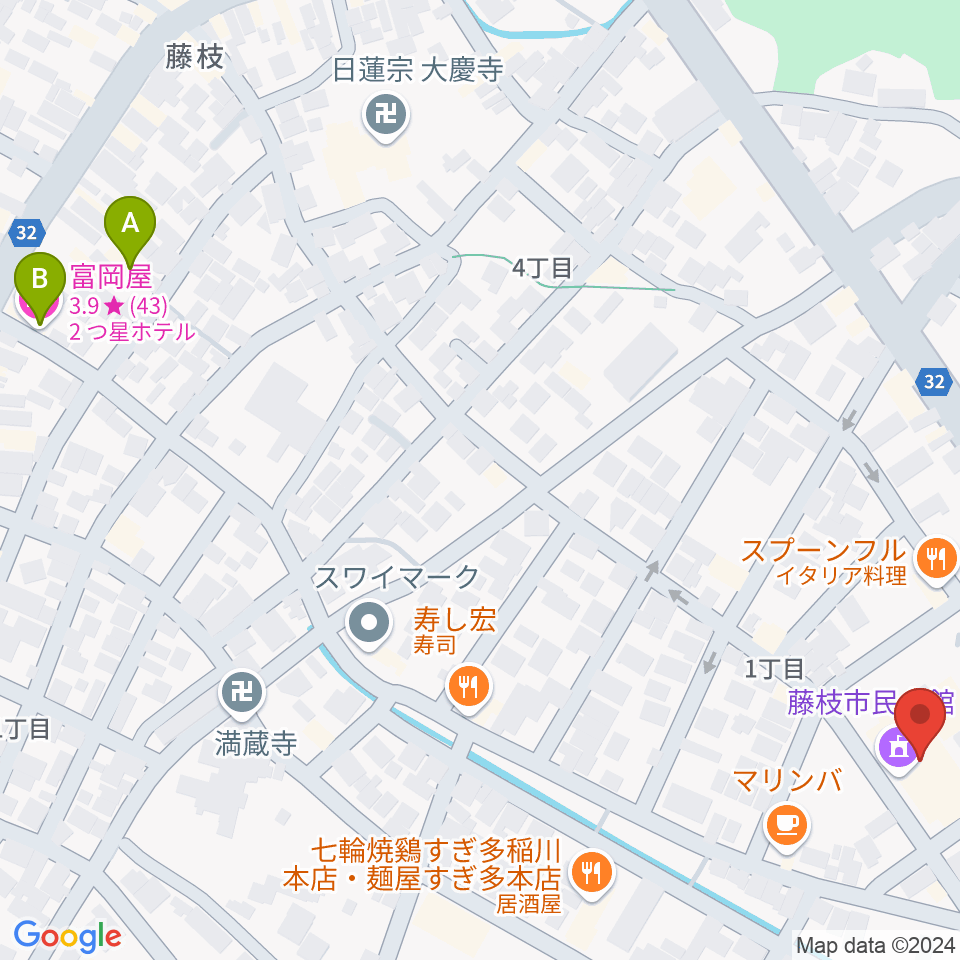 藤枝市民会館周辺のホテル一覧地図