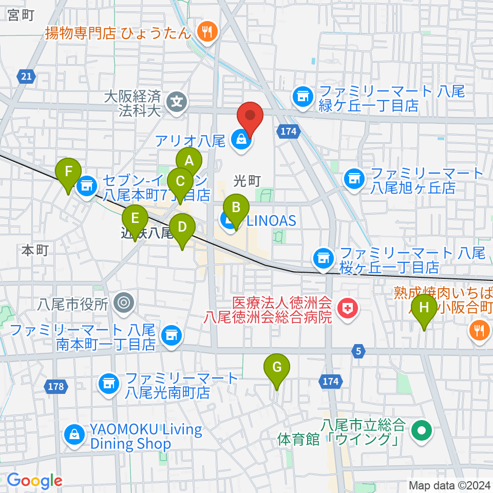 タワーレコード アリオ八尾店周辺のホテル一覧地図