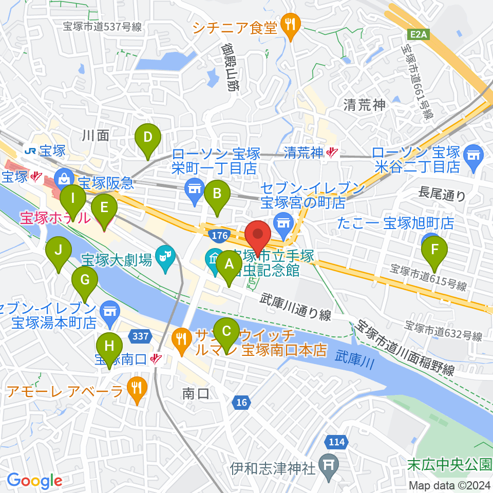 宝塚文化創造館周辺のホテル一覧地図