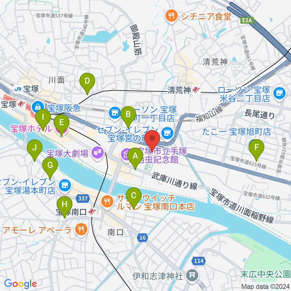 宝塚文化創造館周辺のホテル一覧地図