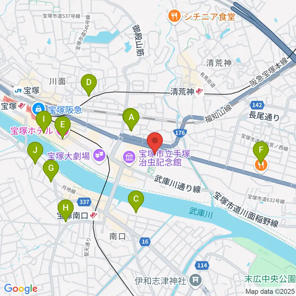 宝塚文化創造館周辺のホテル一覧地図