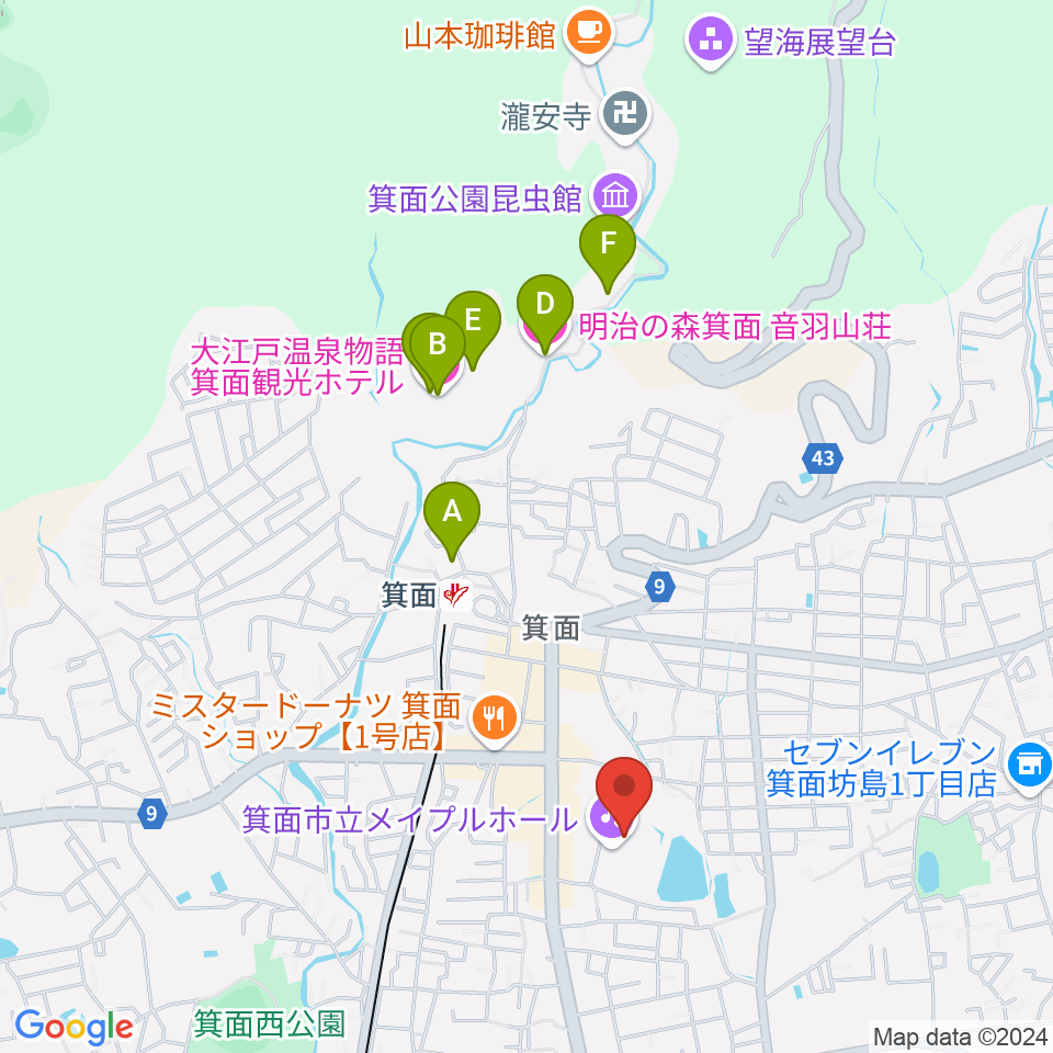 箕面市立メイプルホール周辺のホテル一覧地図