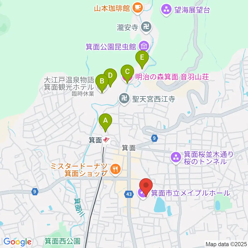箕面市立メイプルホール周辺のホテル一覧地図