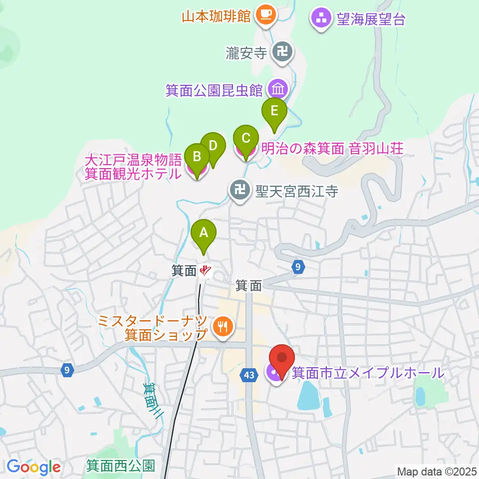 箕面市立メイプルホール周辺のホテル一覧地図