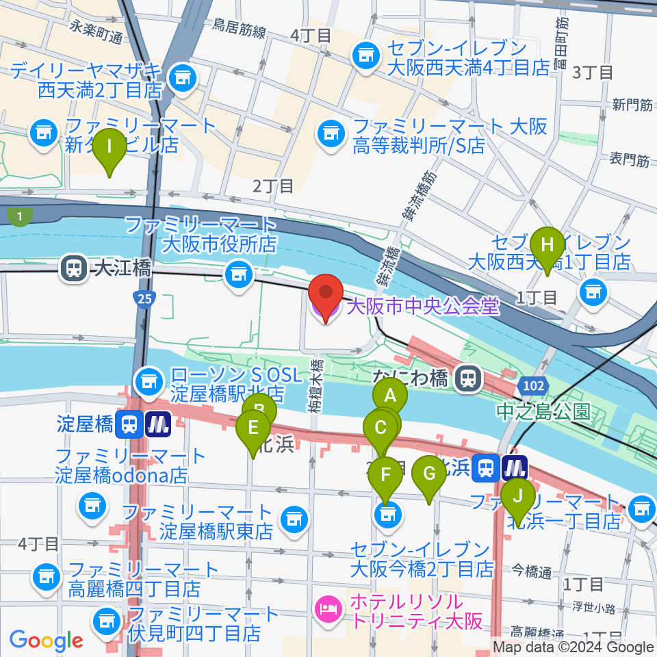 大阪市中央公会堂周辺のホテル一覧地図