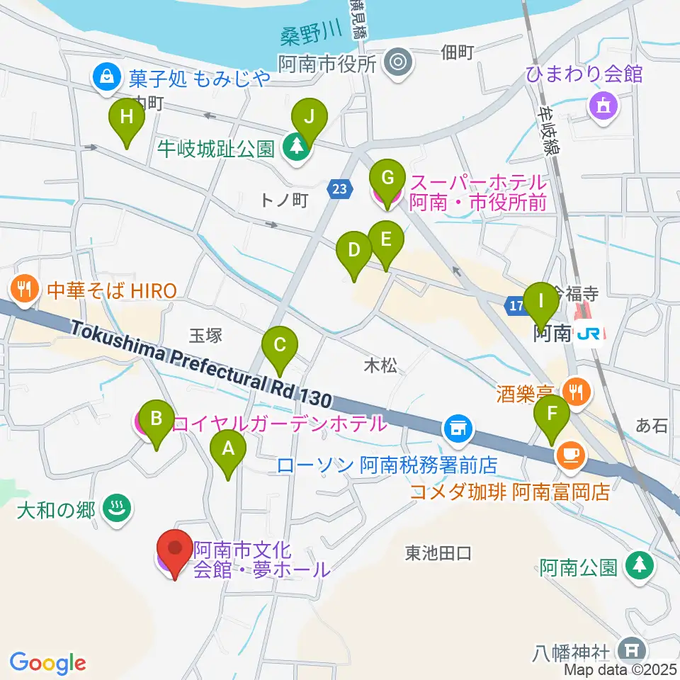 夢ホール(阿南市文化会館)周辺のホテル一覧地図