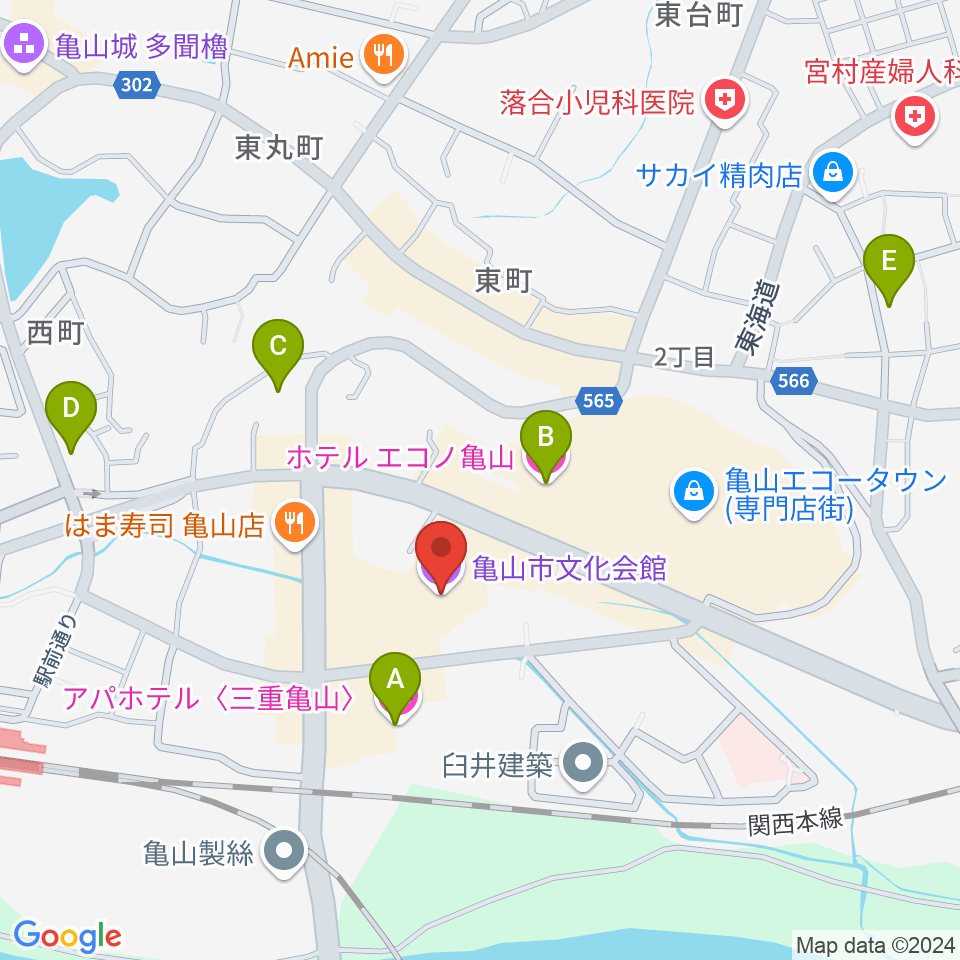 亀山市文化会館周辺のホテル一覧地図