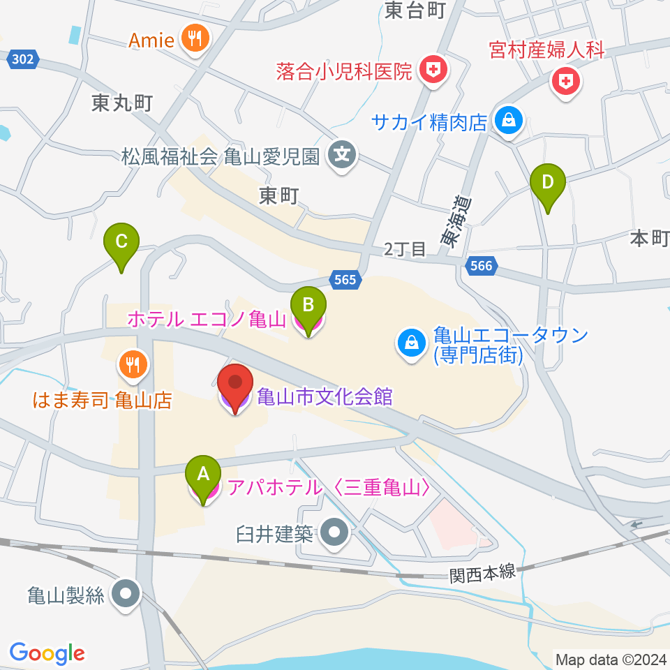 亀山市文化会館周辺のホテル一覧地図