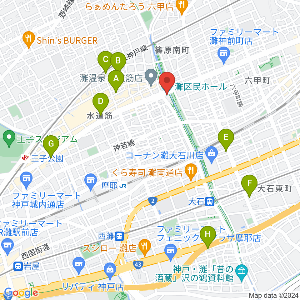 灘区民ホール周辺のホテル一覧地図