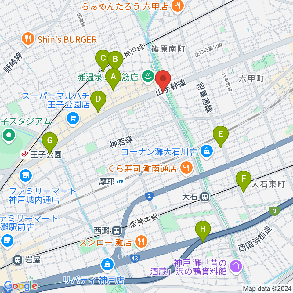 灘区民ホール周辺のホテル一覧地図