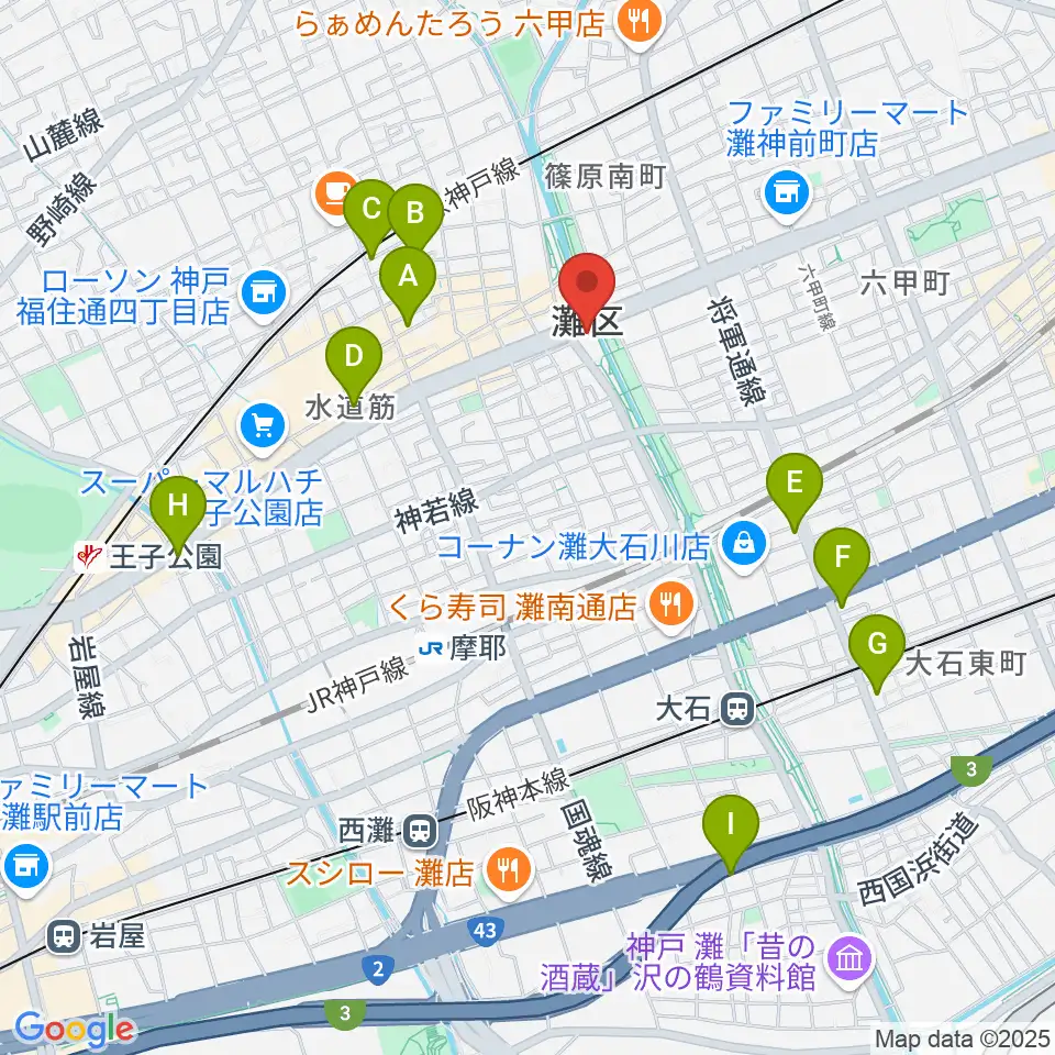 灘区民ホール周辺のホテル一覧地図