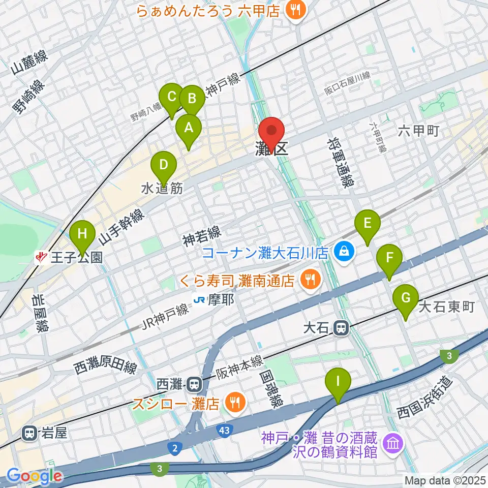 灘区民ホール周辺のホテル一覧地図