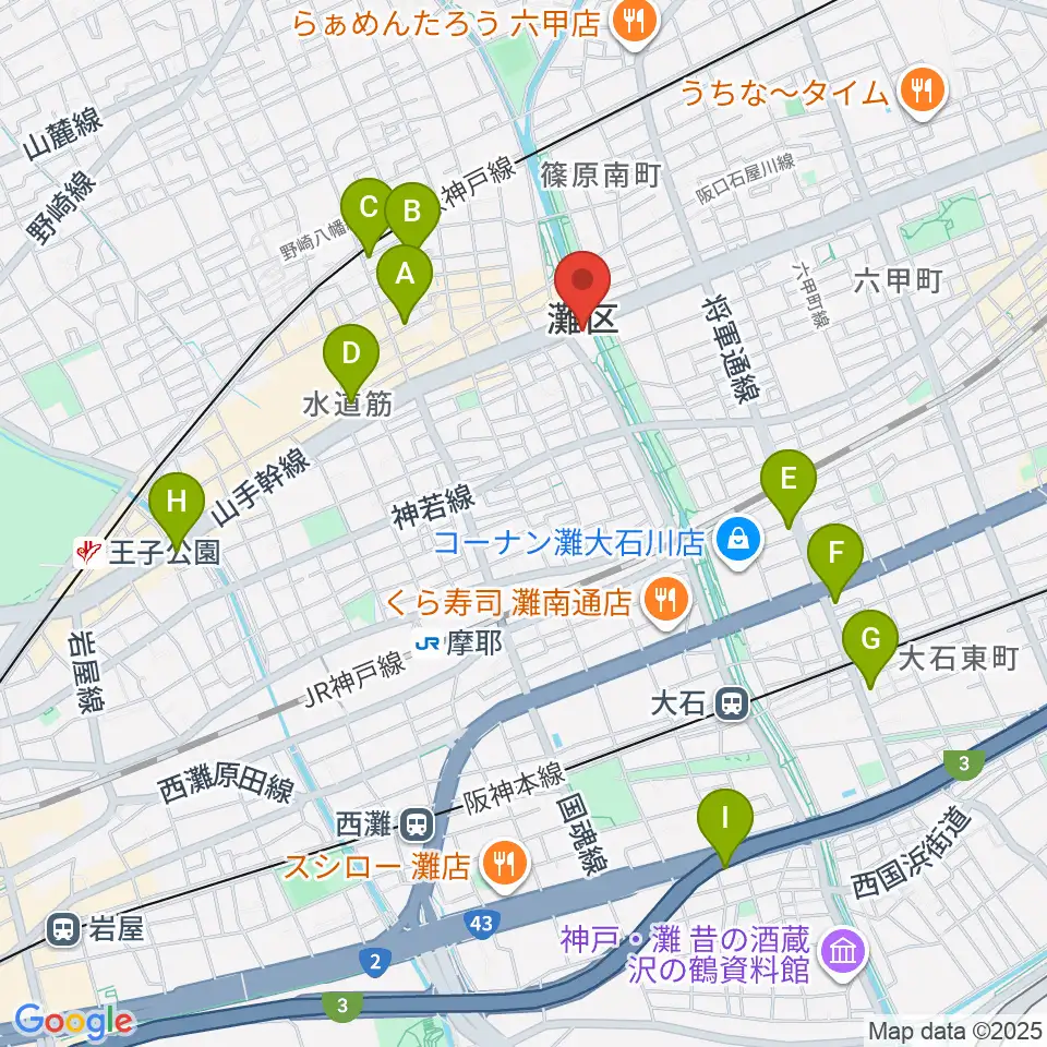 灘区民ホール周辺のホテル一覧地図
