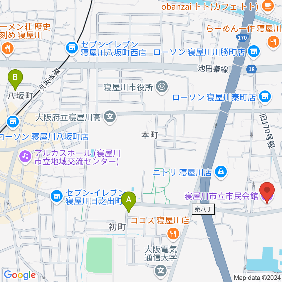 寝屋川市立市民会館周辺のホテル一覧地図