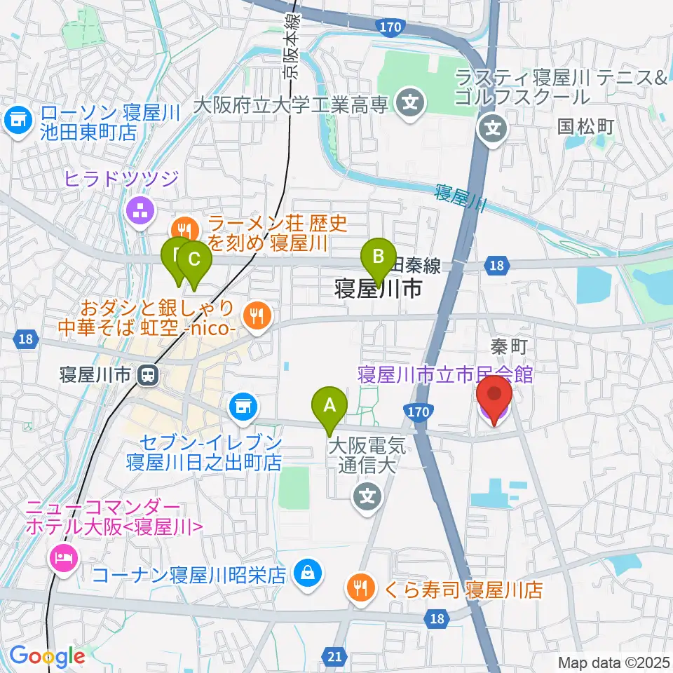 寝屋川市立市民会館周辺のホテル一覧地図