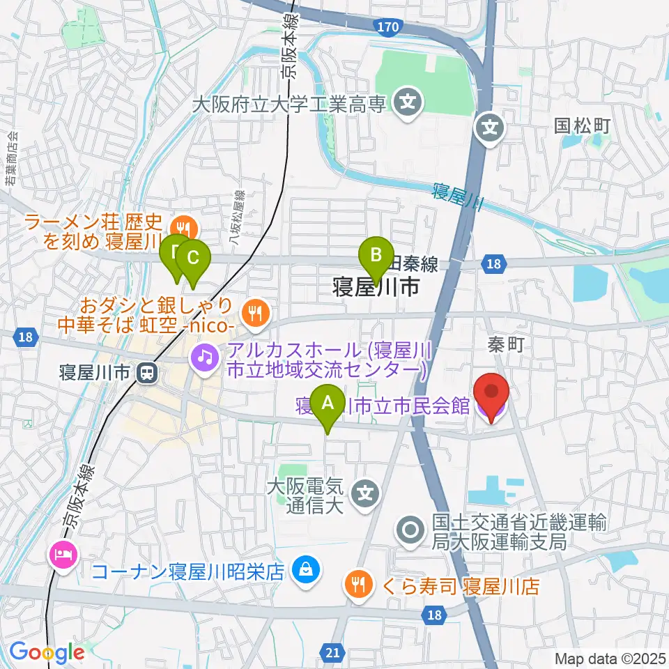 寝屋川市立市民会館周辺のホテル一覧地図