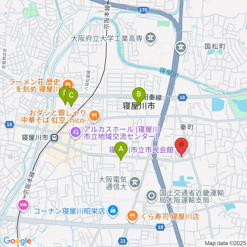 寝屋川市立市民会館周辺のホテル一覧地図