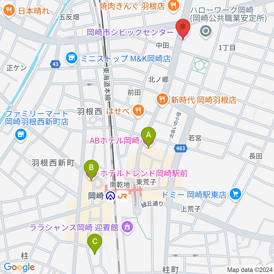 岡崎市シビックセンター周辺のホテル一覧地図