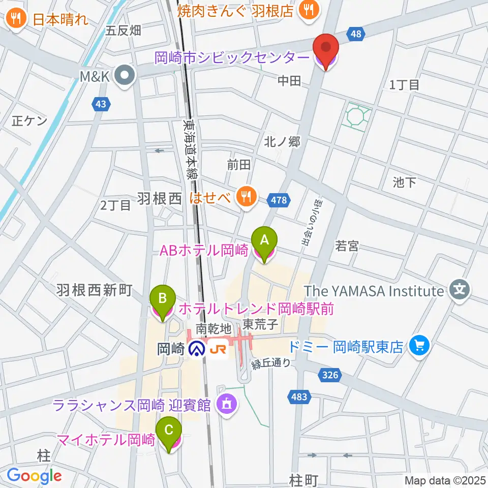 岡崎市シビックセンター周辺のホテル一覧地図