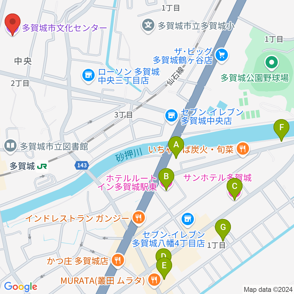 多賀城市民会館周辺のホテル一覧地図