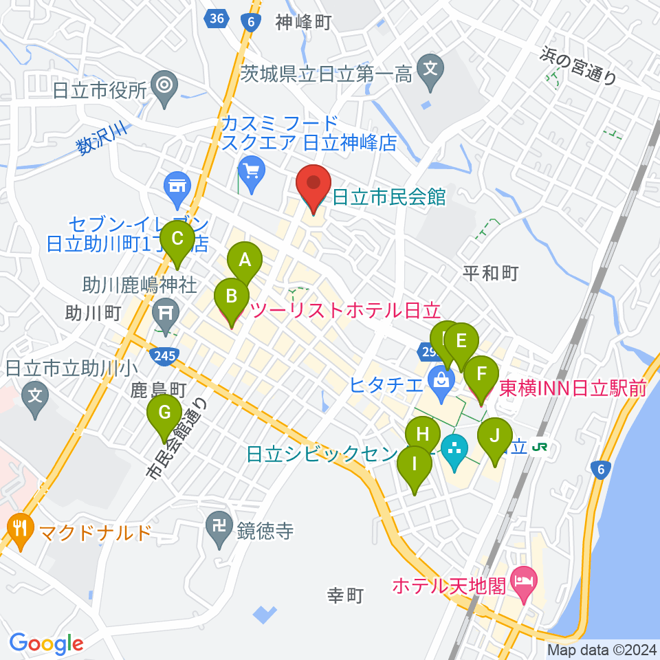 日立市民会館周辺のホテル一覧地図