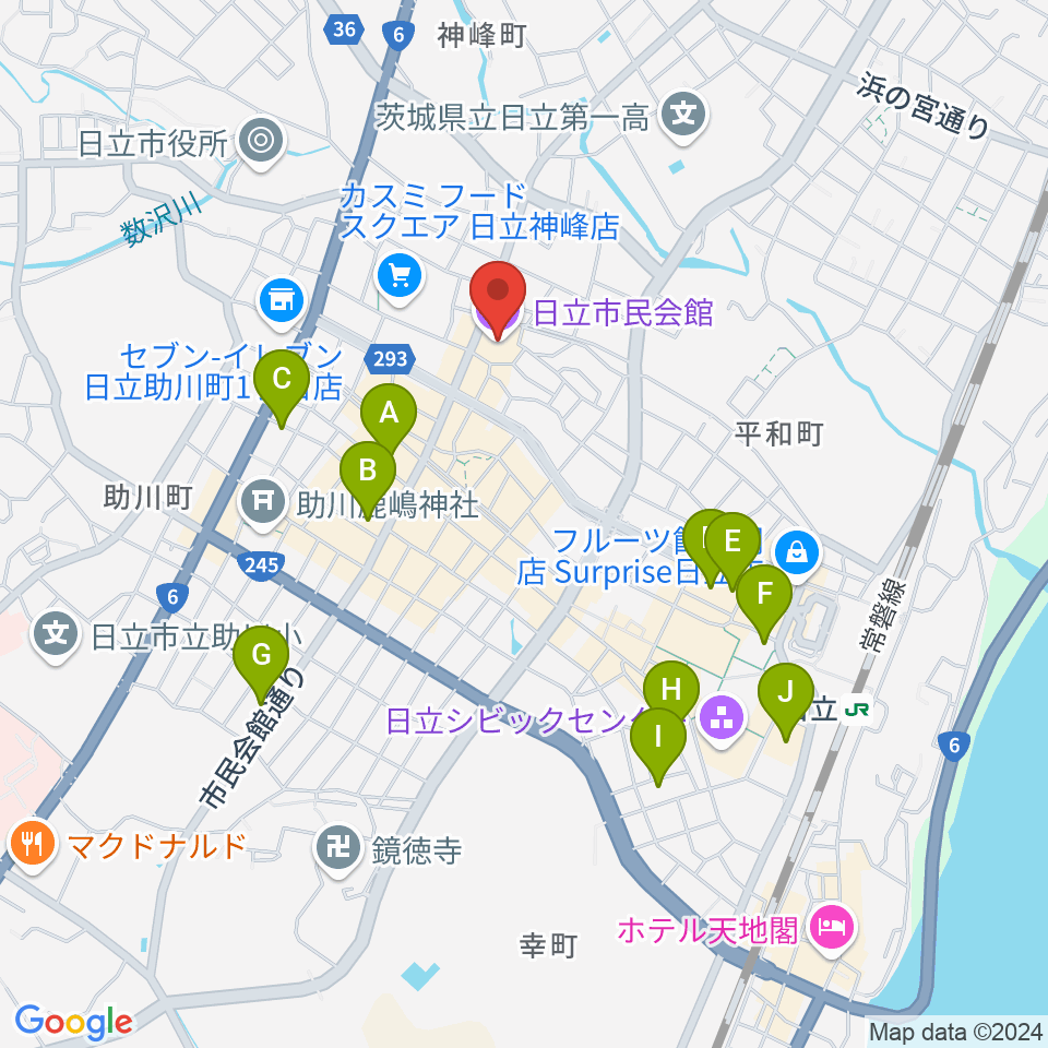 日立市民会館周辺のホテル一覧地図