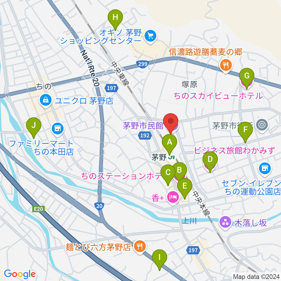 茅野市民館周辺のホテル一覧地図