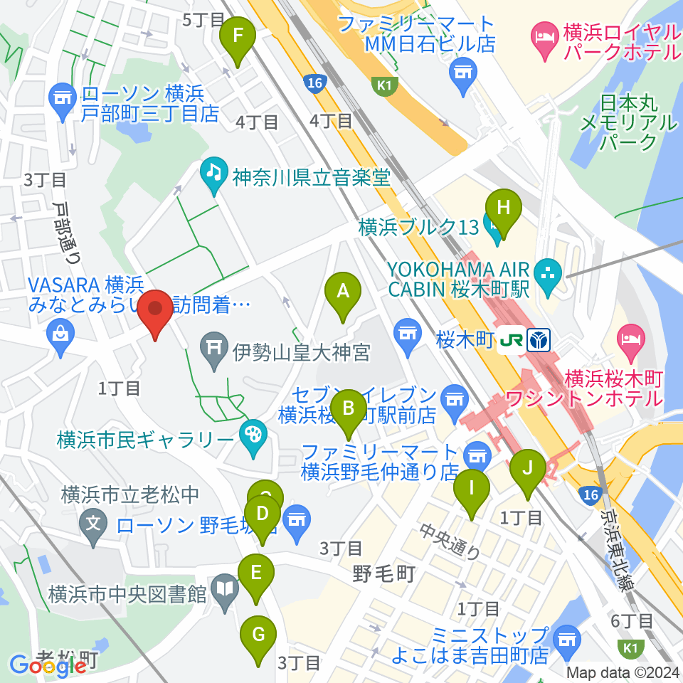 横浜市教育会館周辺のホテル一覧地図