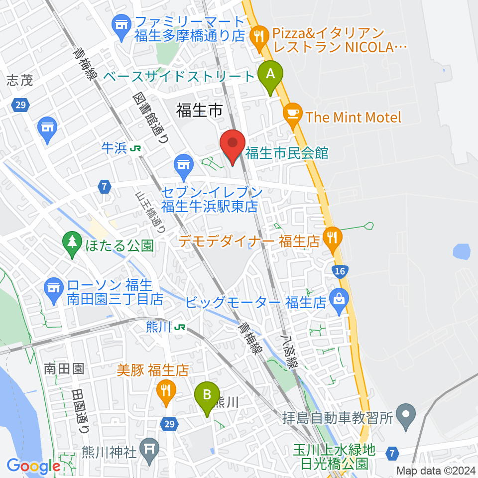 福生市民会館周辺のホテル一覧地図