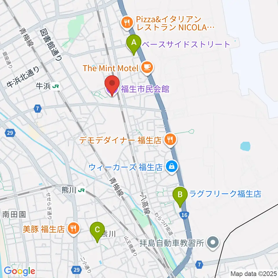 福生市民会館周辺のホテル一覧地図