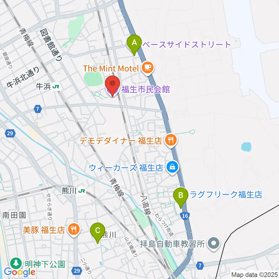 福生市民会館周辺のホテル一覧地図