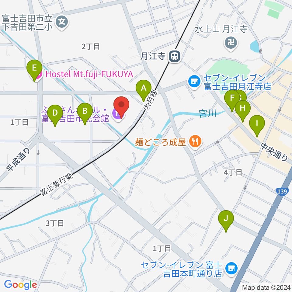 ふじさんホール・富士吉田市民会館周辺のホテル一覧地図