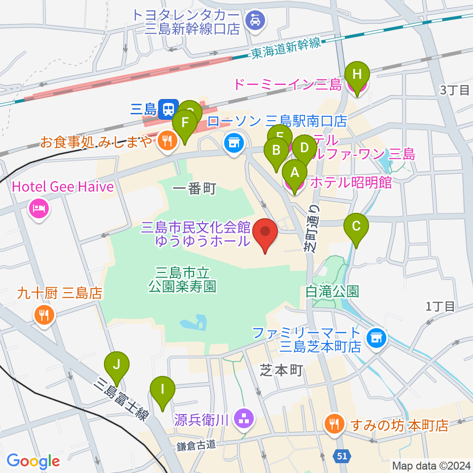 三島市民文化会館 ゆぅゆぅホール周辺のホテル一覧地図