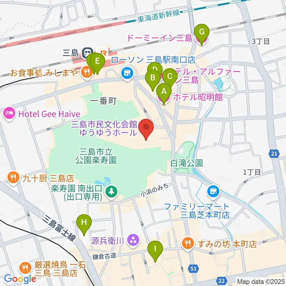 三島市民文化会館 ゆぅゆぅホール周辺のホテル一覧地図