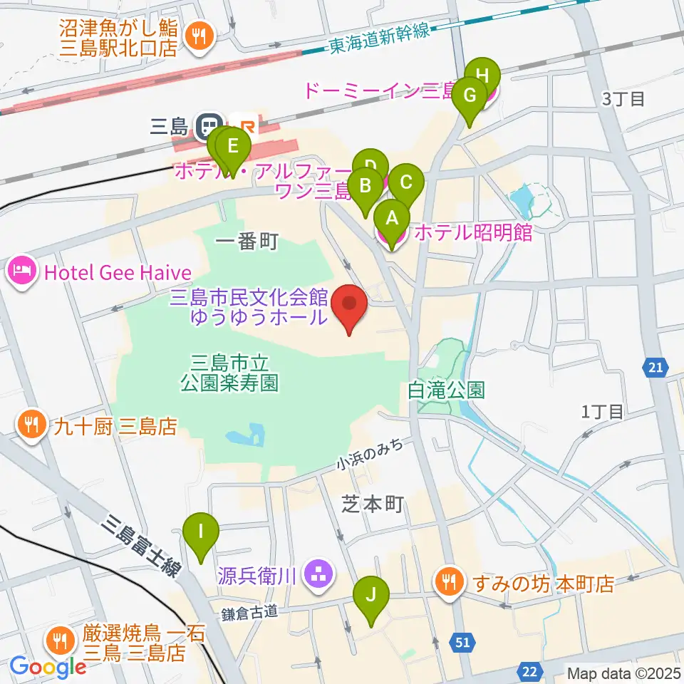 三島市民文化会館 ゆぅゆぅホール周辺のホテル一覧地図