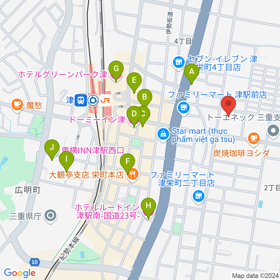 三重県教育文化会館周辺のホテル一覧地図