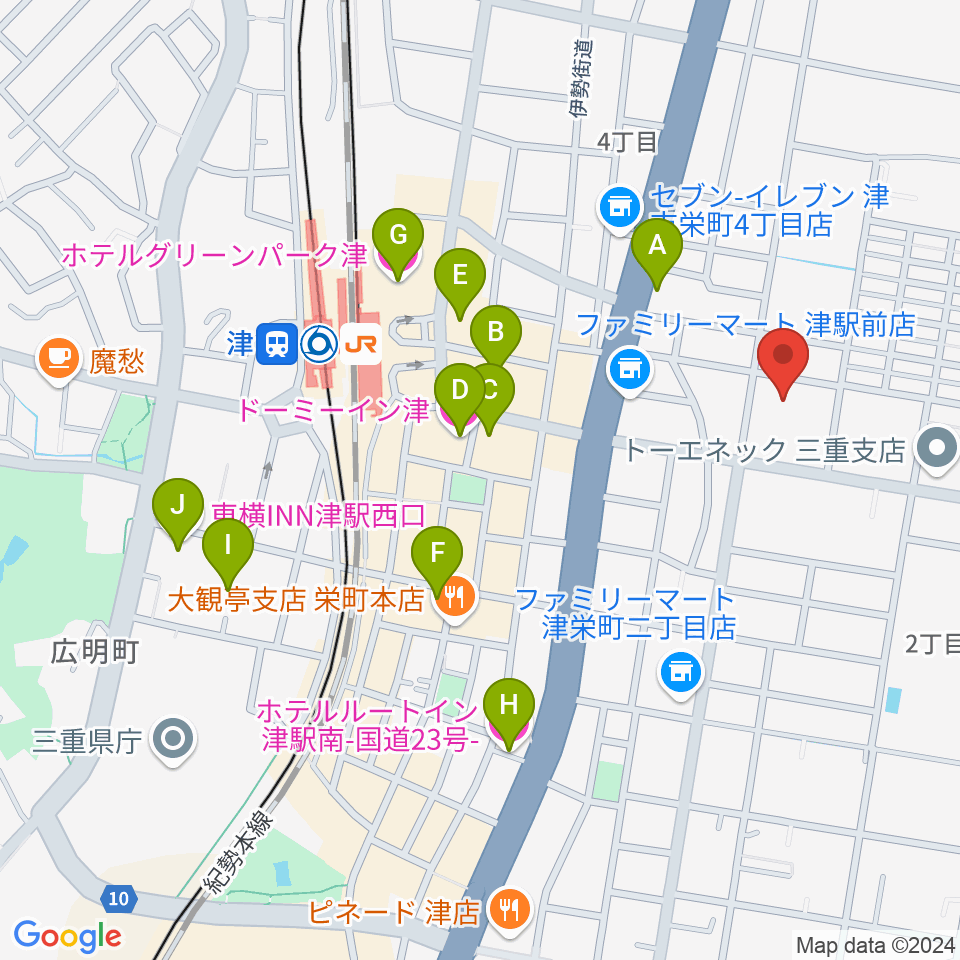 三重県教育文化会館周辺のホテル一覧地図