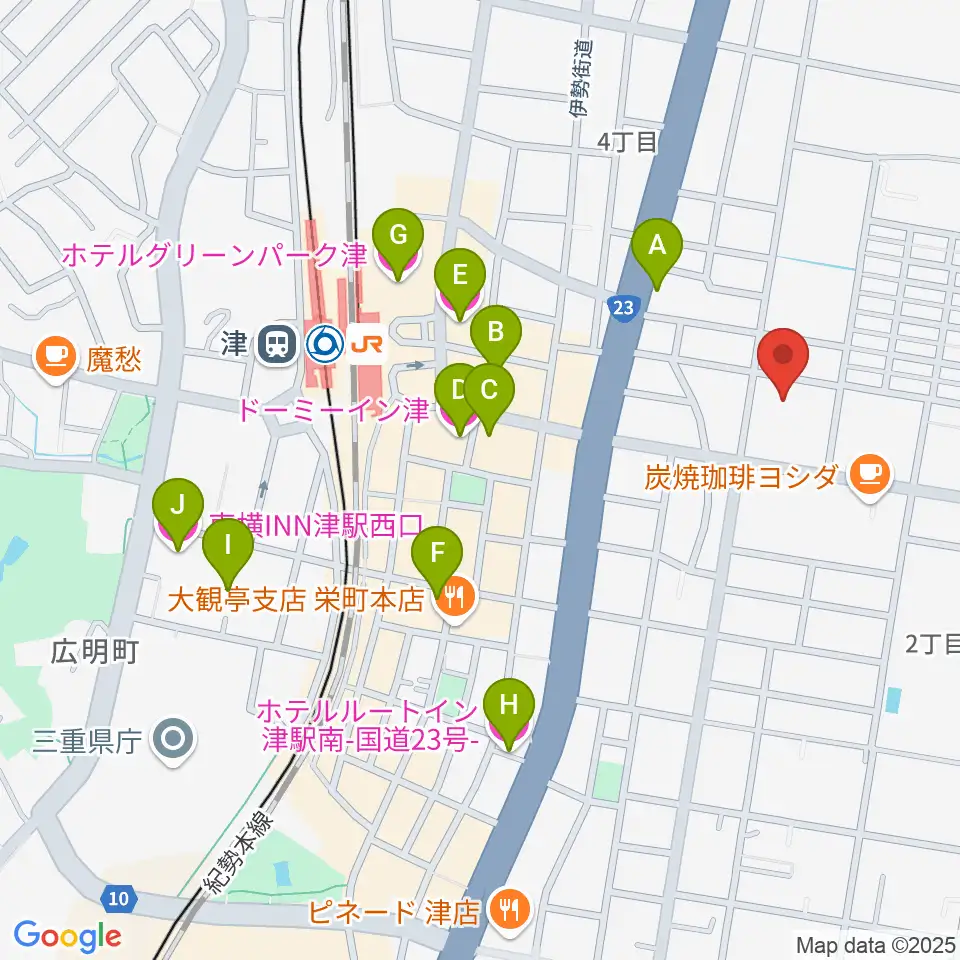 三重県教育文化会館周辺のホテル一覧地図