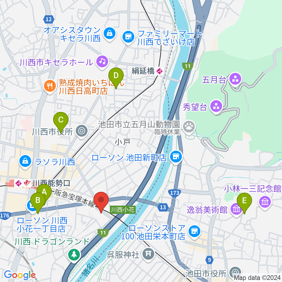 川西市みつなかホール周辺のホテル一覧地図