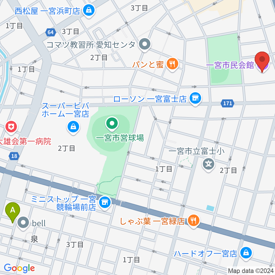 一宮市市民会館周辺のホテル一覧地図