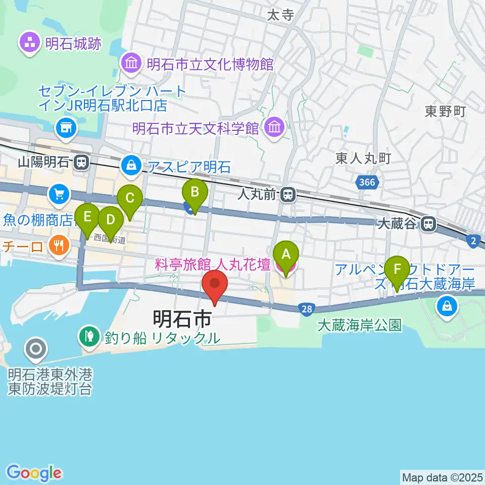 明石市立市民会館アワーズホール周辺のホテル一覧地図