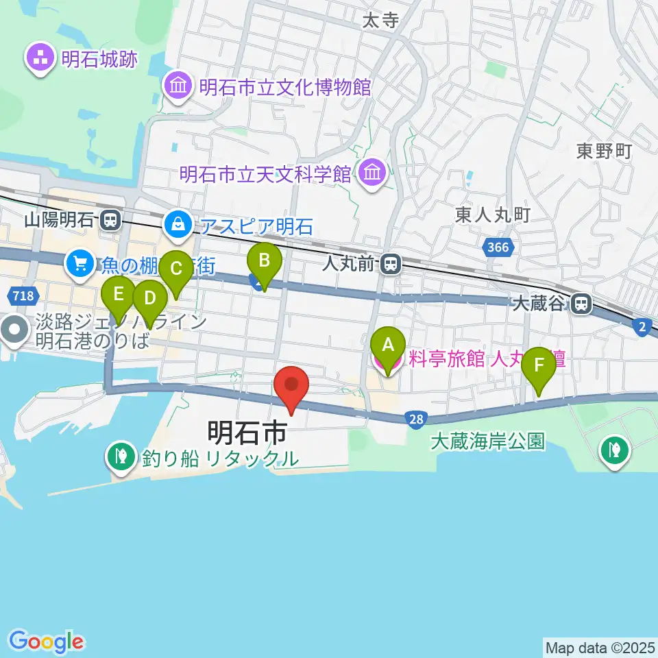 明石市立市民会館アワーズホール周辺のホテル一覧地図